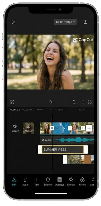 capcut pro image where we see video is edite and girl is laghing in the video editing screen