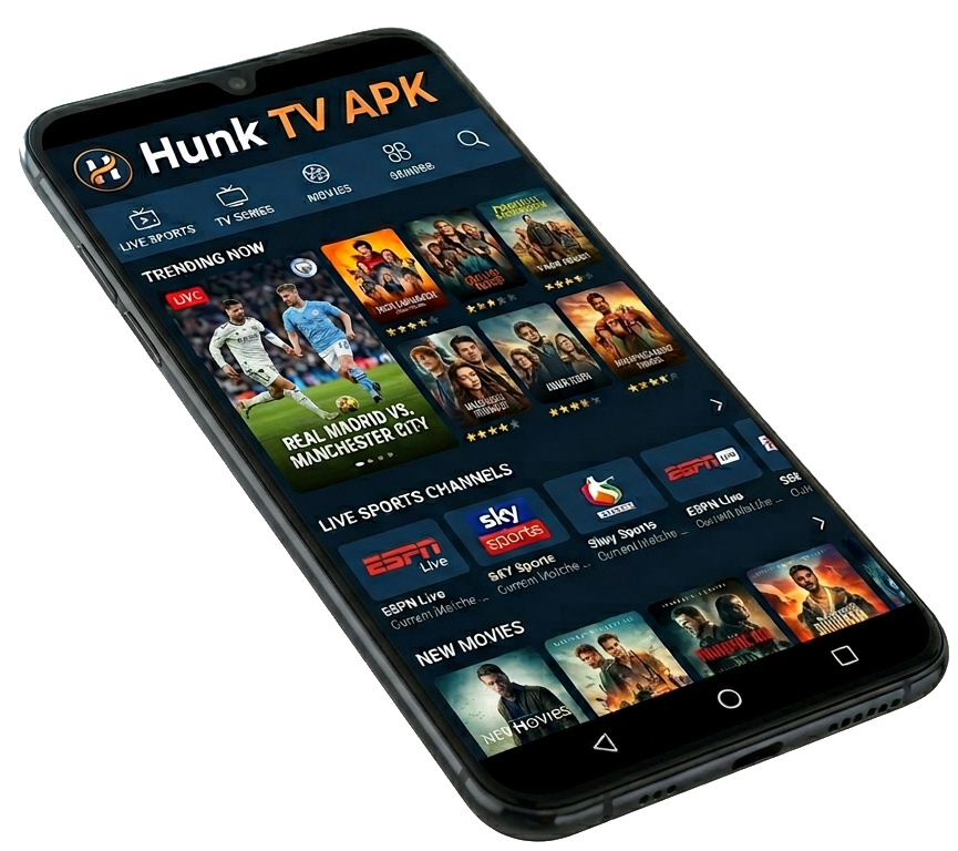 Hunk tv apk interface that show multiple supports match and movies